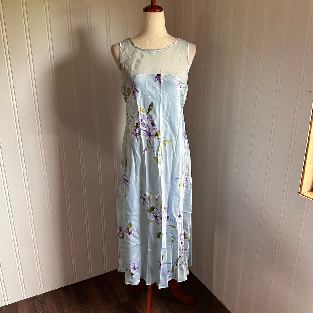 Vintage 90s/Y2K Blue Floral Slip Dress L